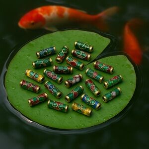 Beads120: Vtg Cloisonné Tube Beads • Hand-Enameled Brass • 39 Piece Lot